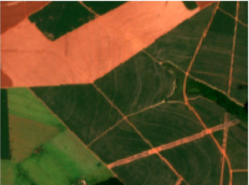 Sentinel-2 RGB view of a property with several fields, roads and a river.