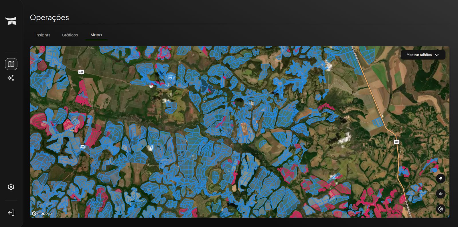 Turing Agro map screen with automatic field polygons over the property.