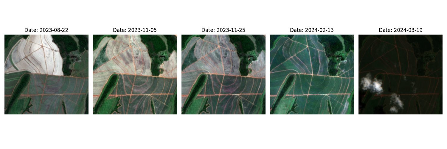 Five satellite images of the field at the detected dates in 2023–2024.
