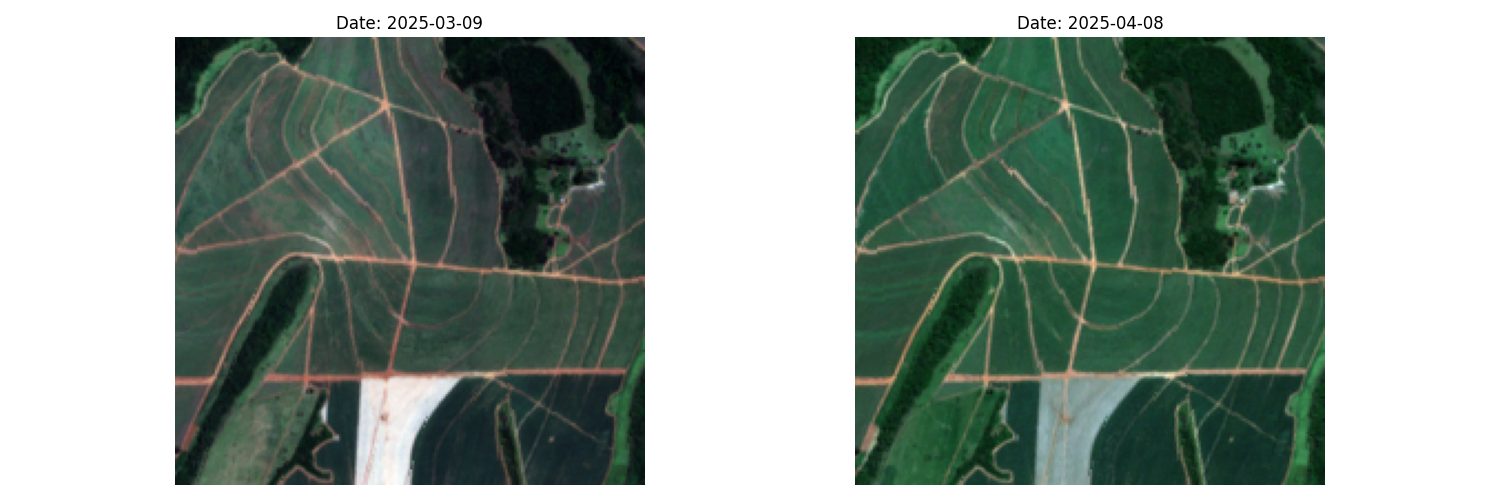Two satellite images of the field at detected dates in 2025.