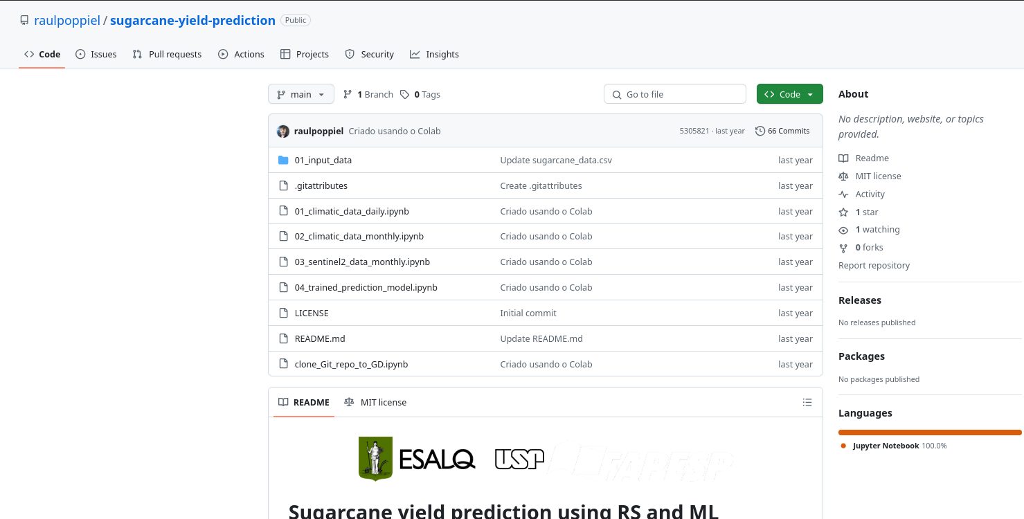 Screenshot of the public ESALQ sugarcane yield prediction repository.