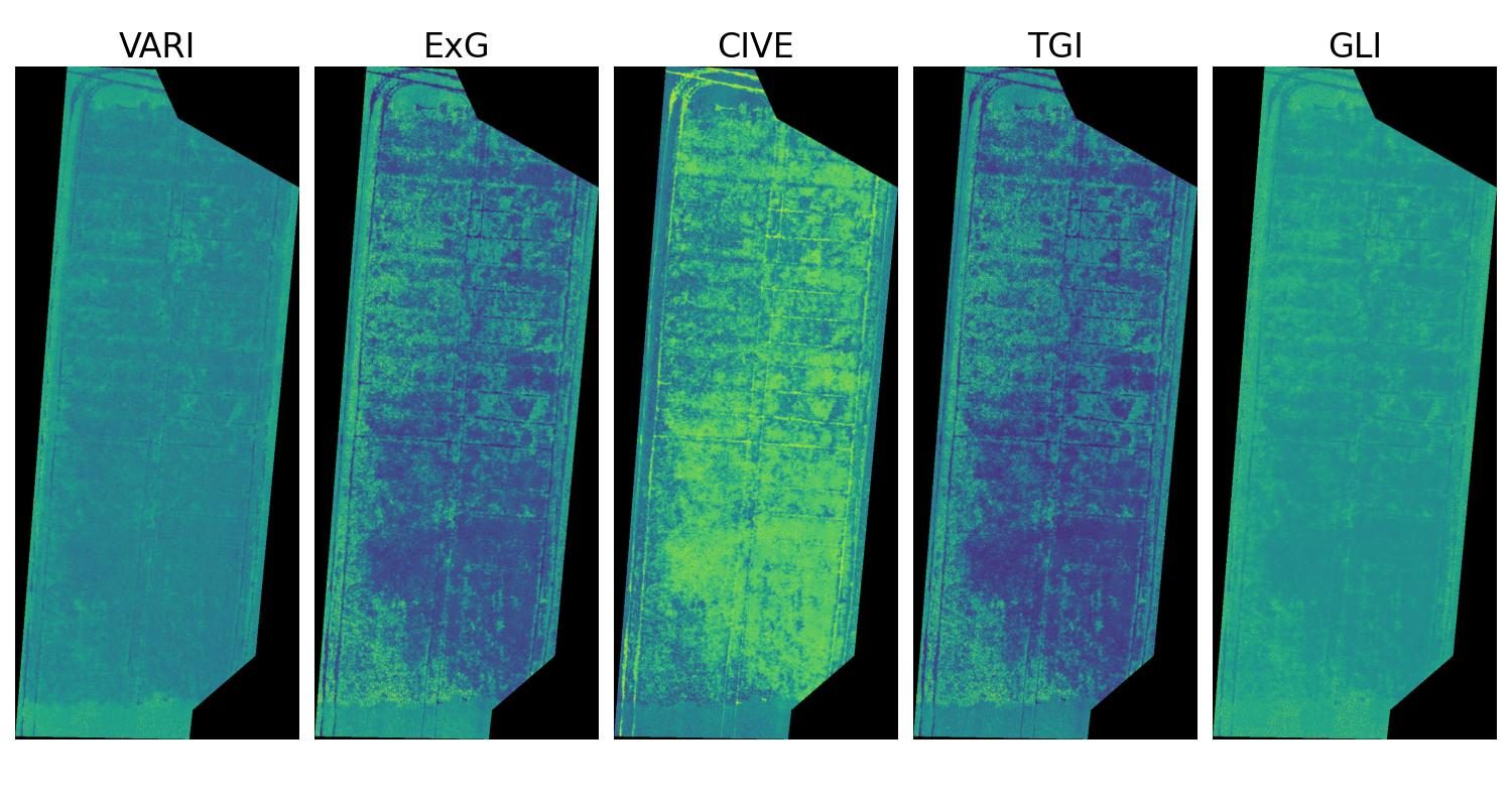 Five index maps of the plot side by side: VARI, ExG, CIVE, TGI, GLI.