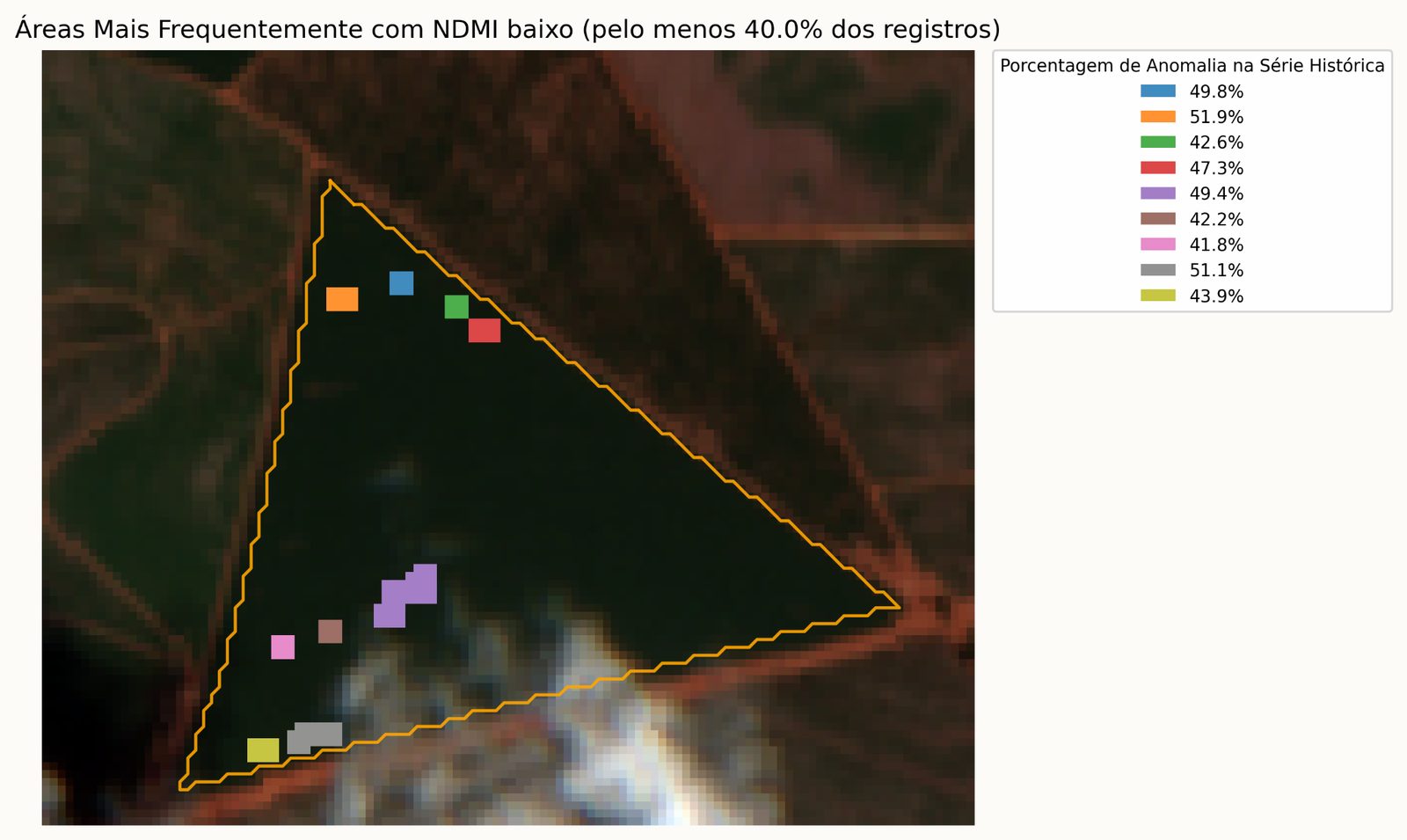 Satellite view of a field with colored markers where moisture is historically below expected.