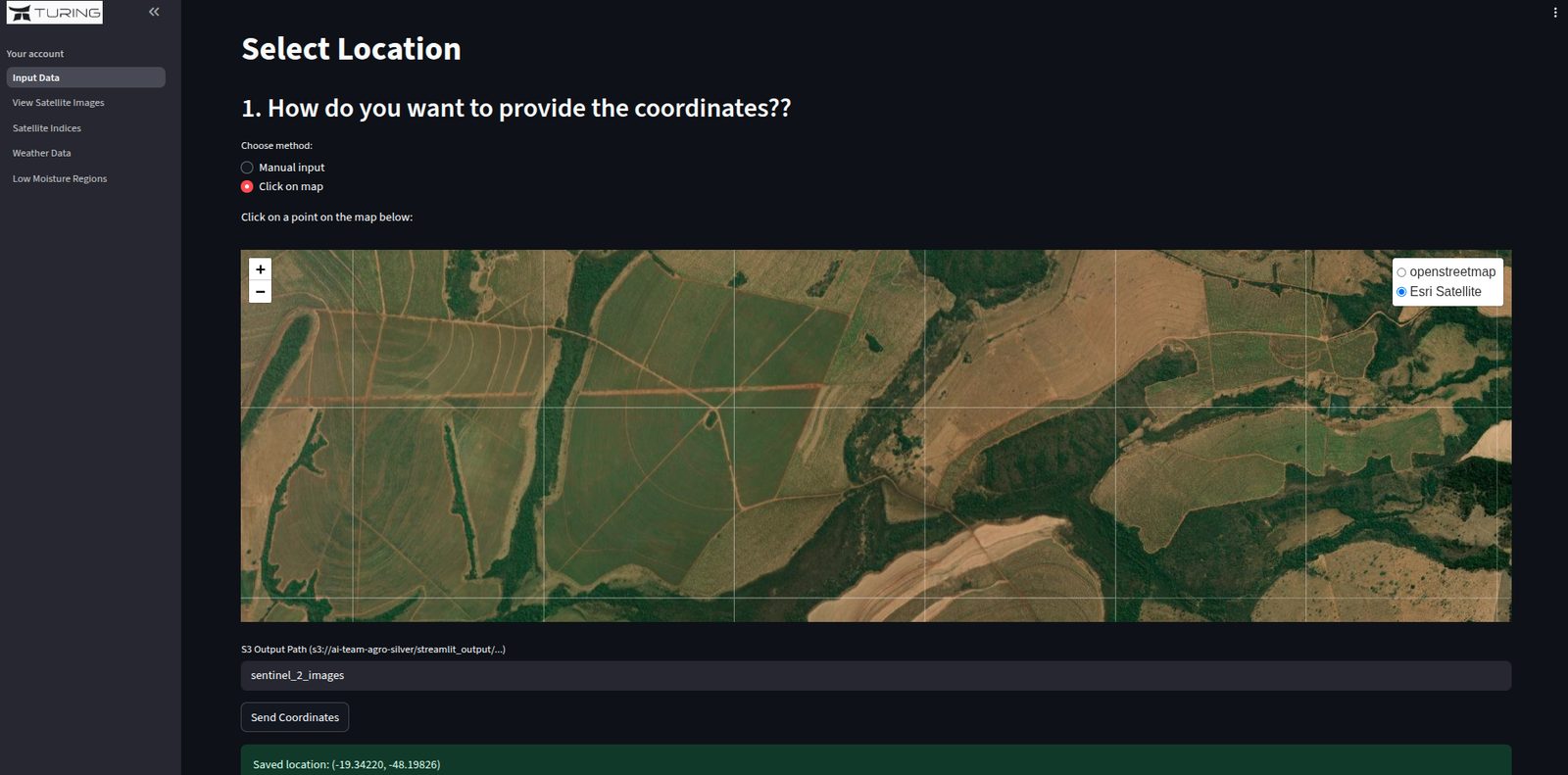 Location selection step with a map preview and coordinate input.