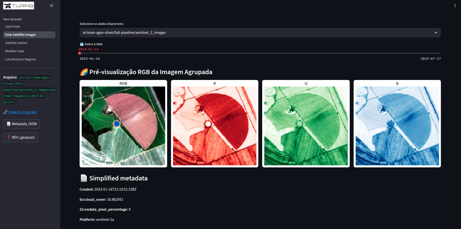 Download step showing Sentinel-2 tiles and band previews from 2021 to 2026.