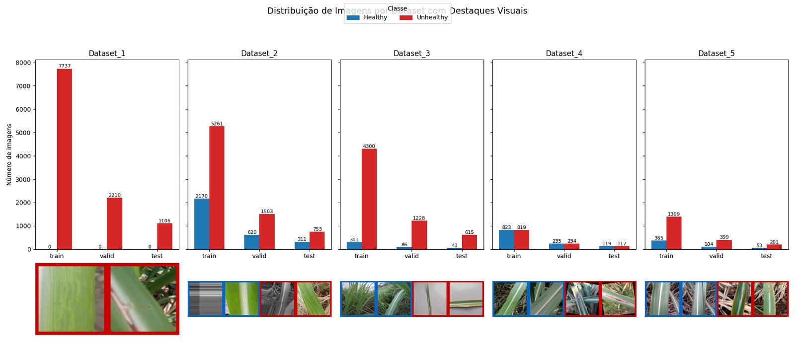Histograms of healthy versus unhealthy image counts per dataset with sample thumbnails.