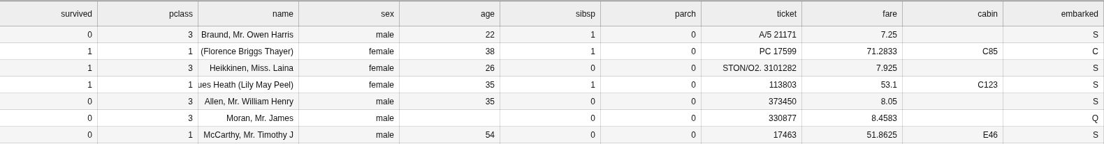 The Titanic dataframe header rows.