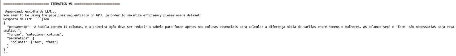 First reasoning step: the agent selects a groupby-mean function on fare by sex.