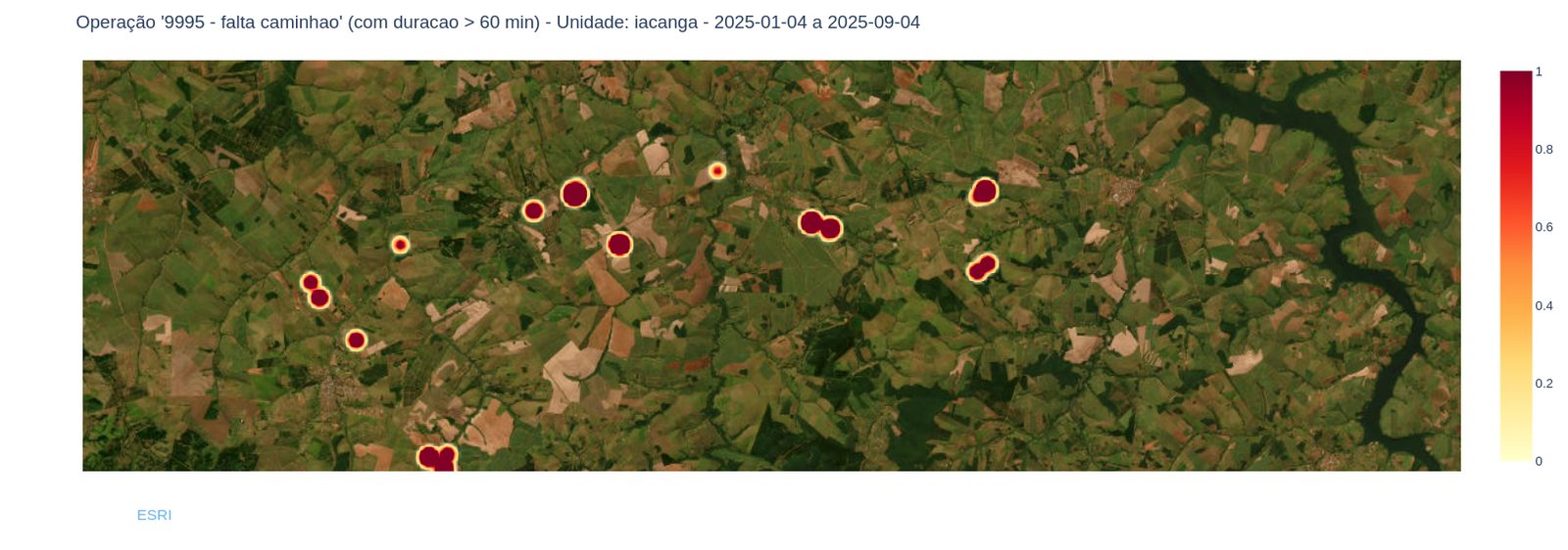 Satellite map of the Iacanga operation with red-outlined clusters where transbordos waited for trucks.