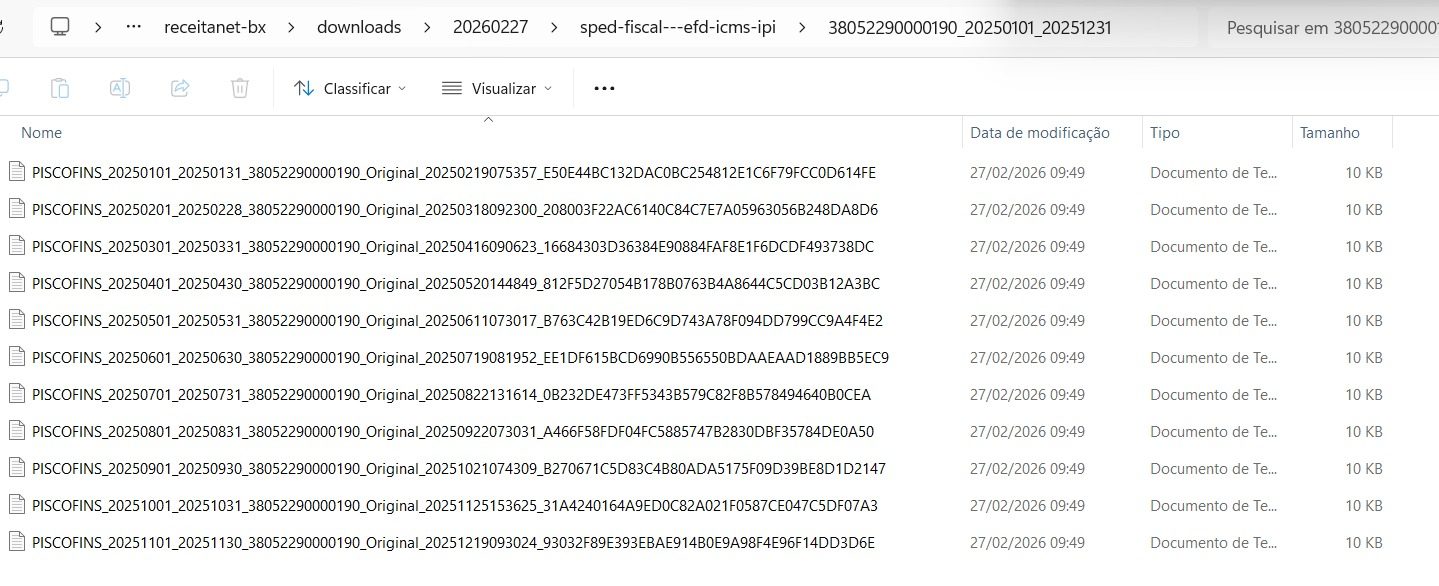 Turing Receitanet download history listing runs by SPED type, CNPJ, status, file count, fiscal years and request date.