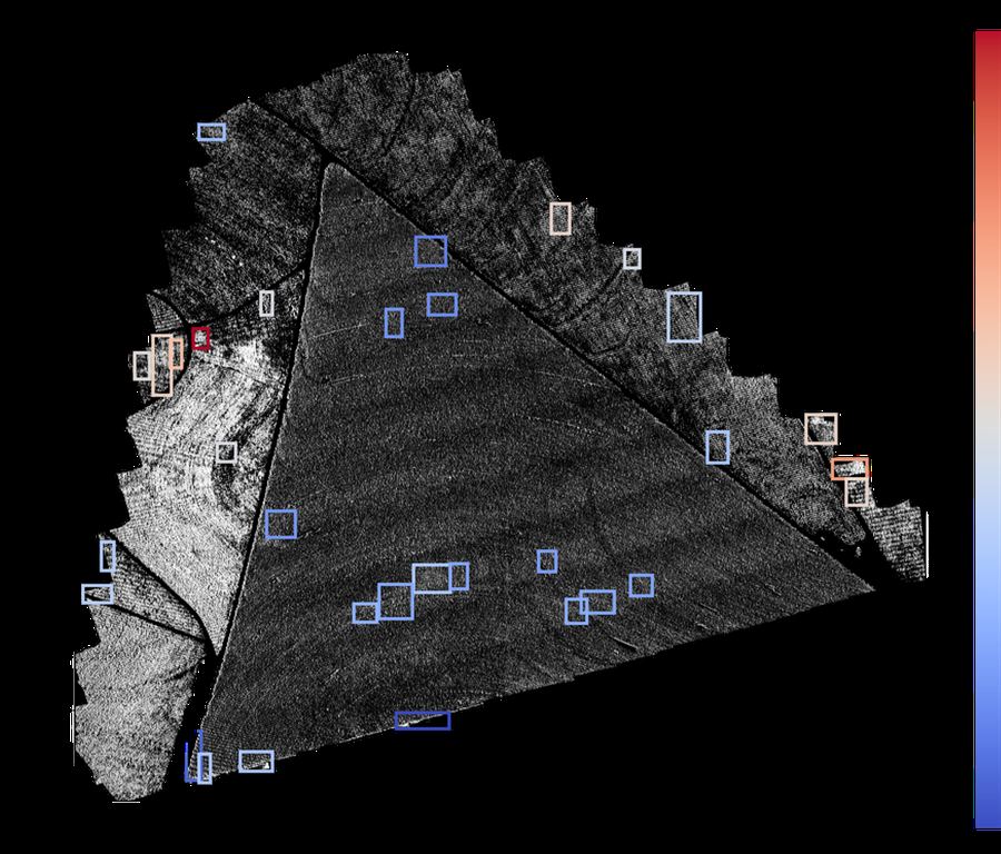 Processed grayscale scan of a triangular field with color-ranked bounding boxes and a confidence scale.