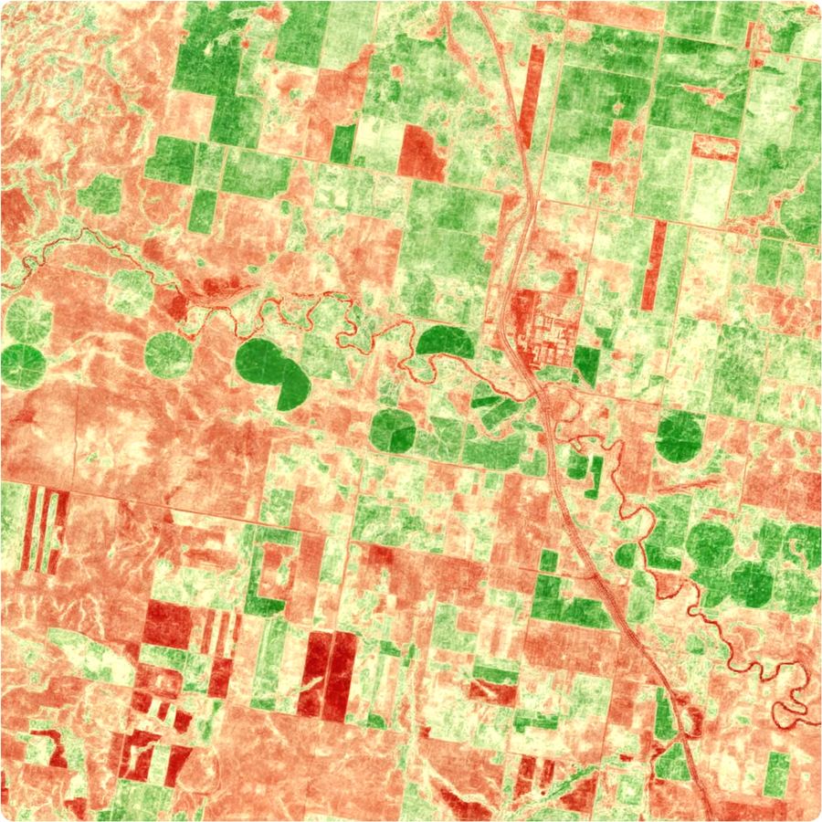 Property-scale vegetation index map with rectangular fields, center-pivot circles, and a winding watercourse.