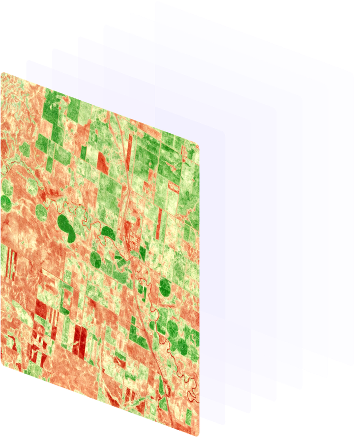 Tilted vegetation-index map with stacked semi-transparent data layers behind the terrain.
