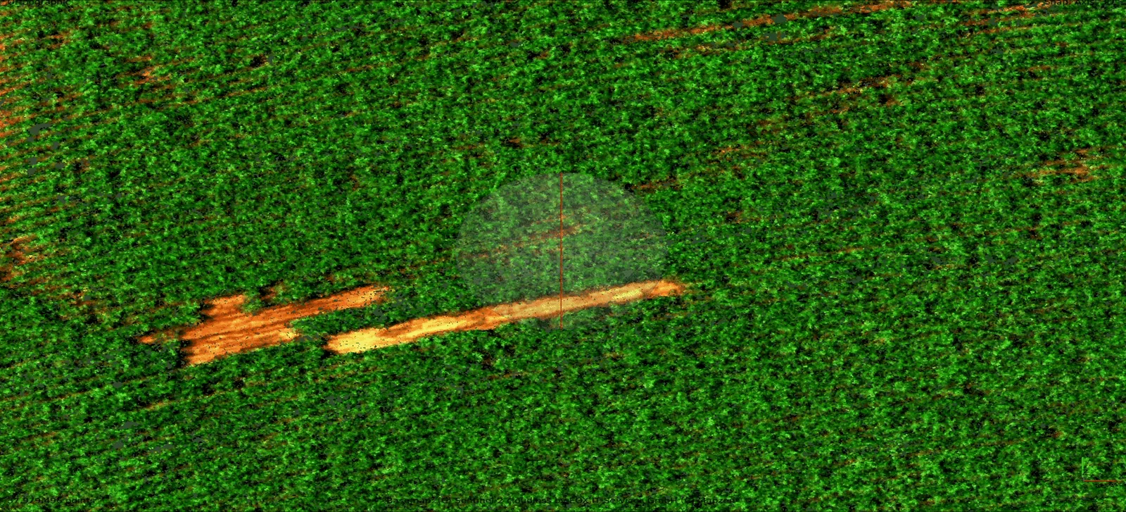 Sentinel-2 satellite overlay with a crosshair and a highlighted soil anomaly on a green field.